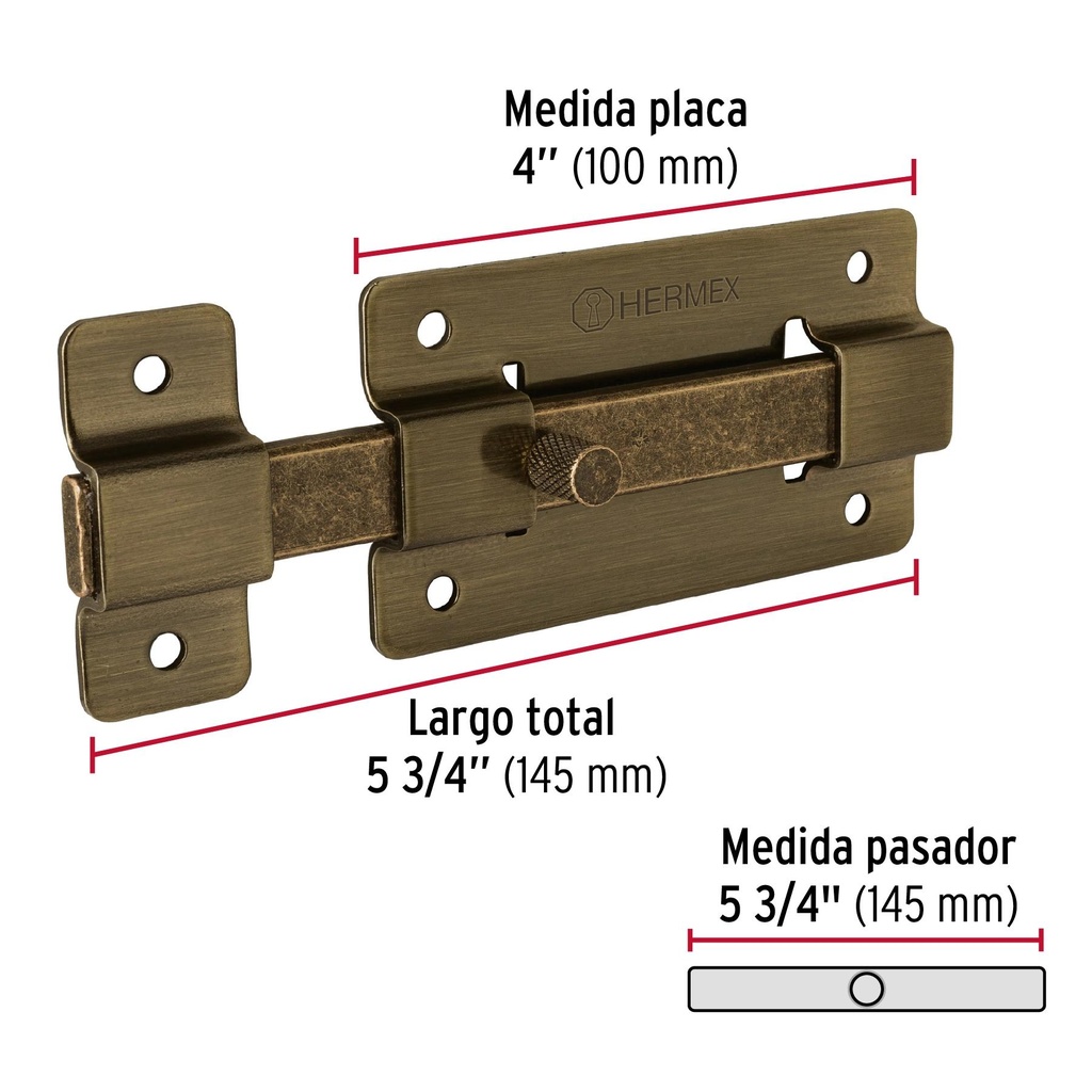 Pasador de barra plana 4', latón antiguo, Hermex