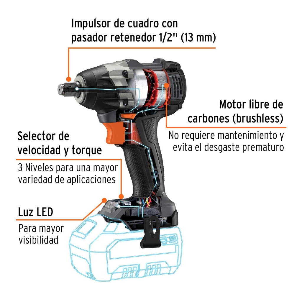 Llave de impacto inalámbrica 1/2', 20 V, sin accesorios