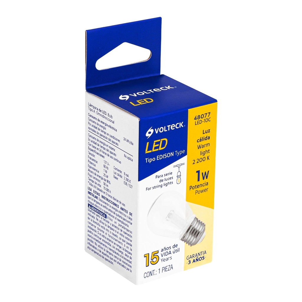 Lámpara LED S14 sin filamento 1 W luz cálida, caja, Volteck