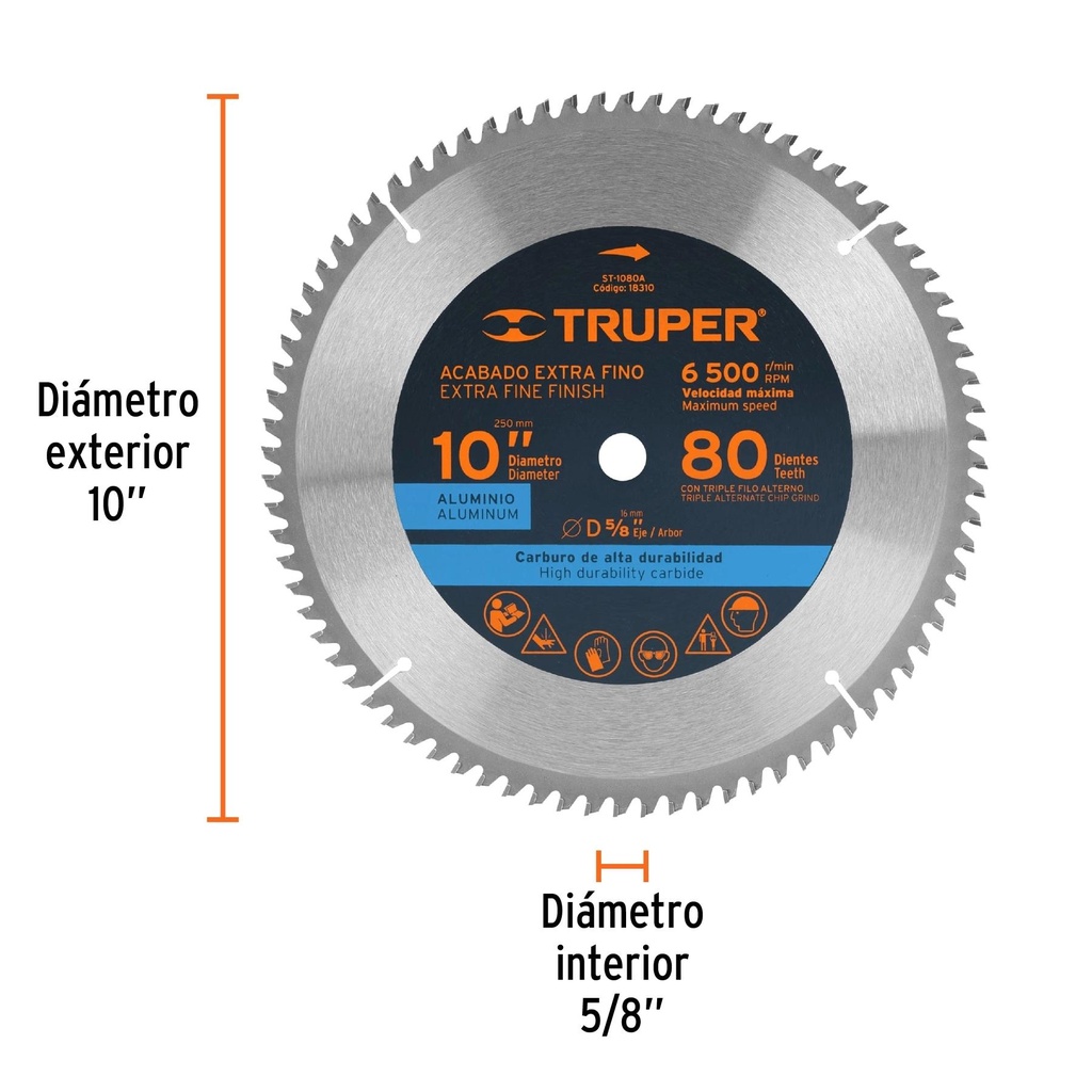 Disco sierra 10' para aluminio, 80 dientes centro 5/8'