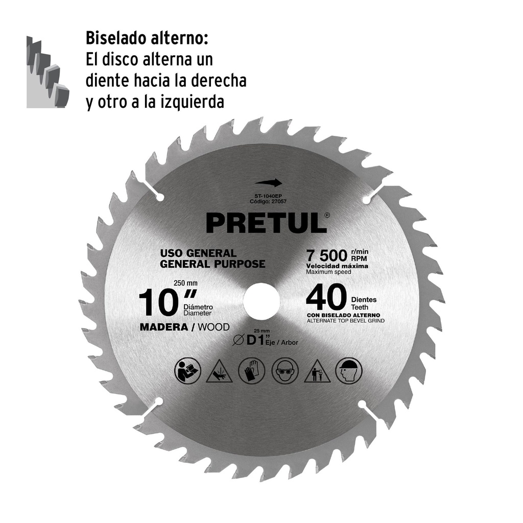 Disco sierra 10' para madera, 40 dientes centro 1', Pretul