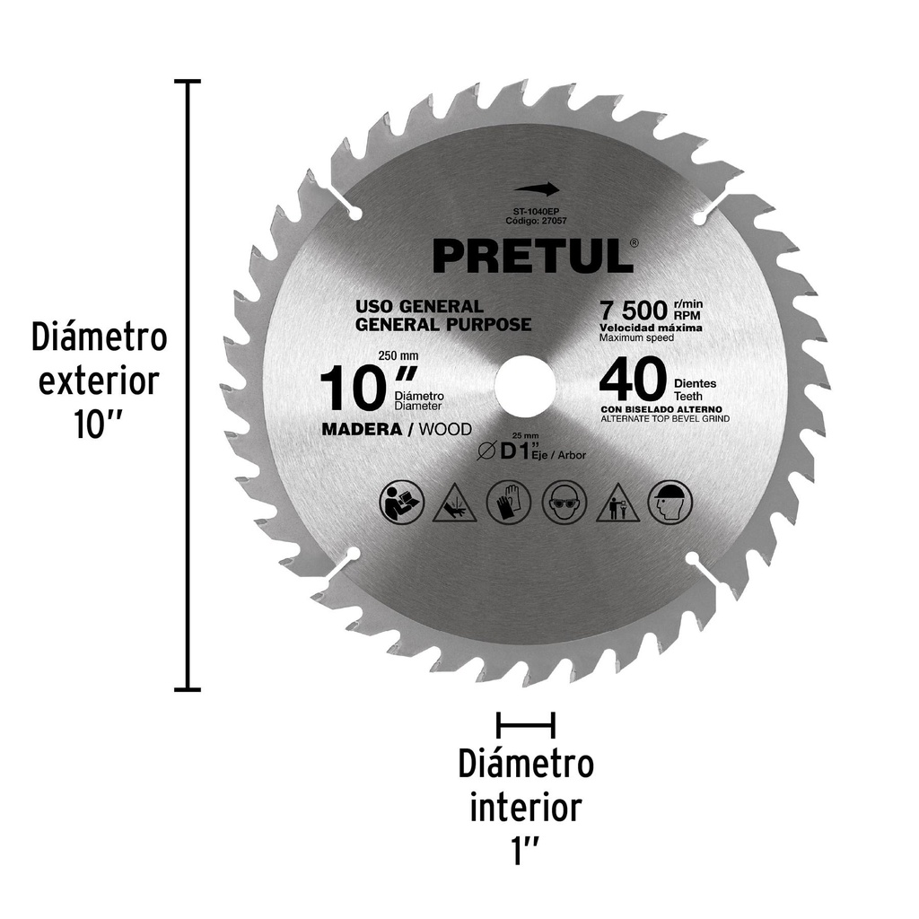 Disco sierra 10' para madera, 40 dientes centro 1', Pretul