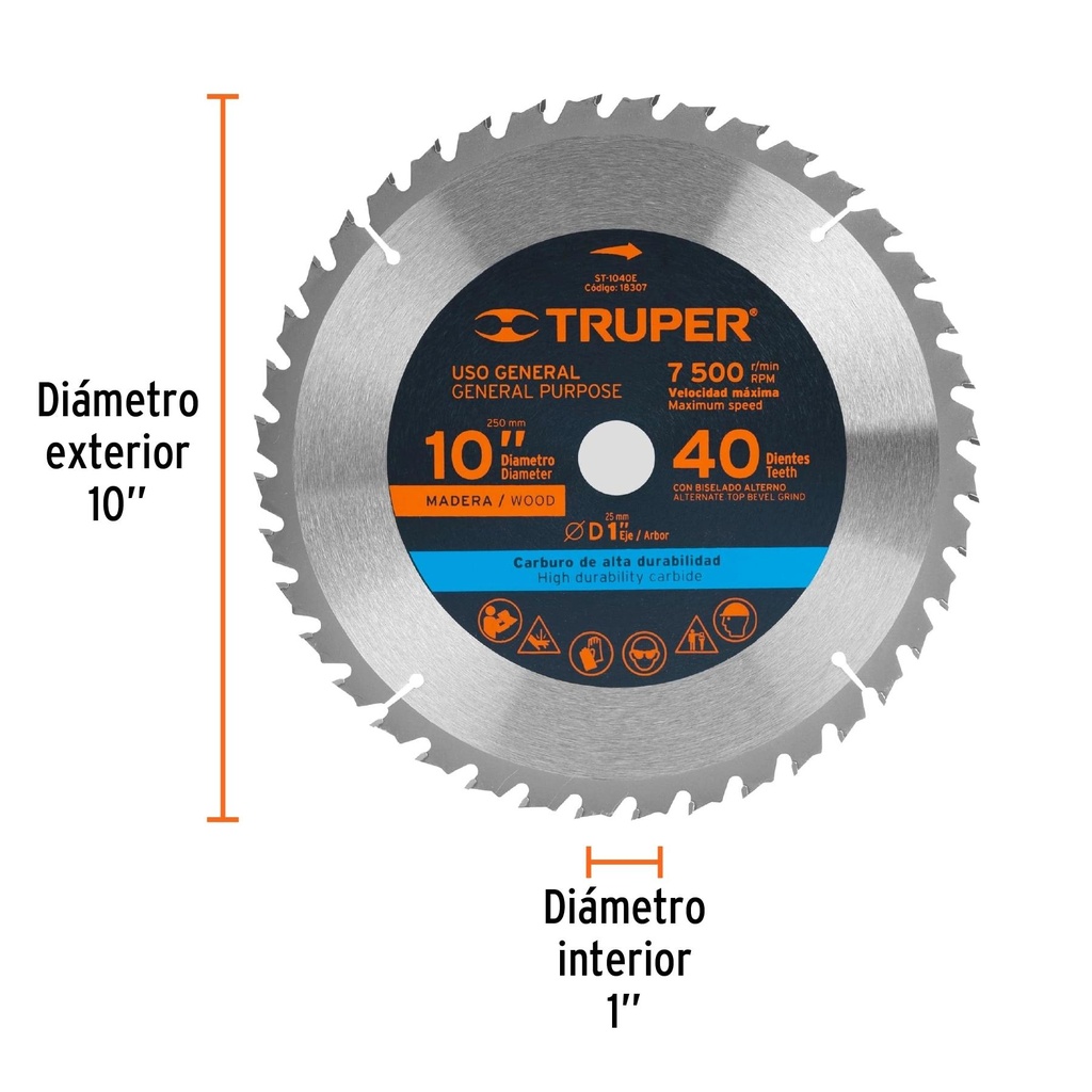 Disco sierra 10' para madera, 40 dientes centro 1', Truper