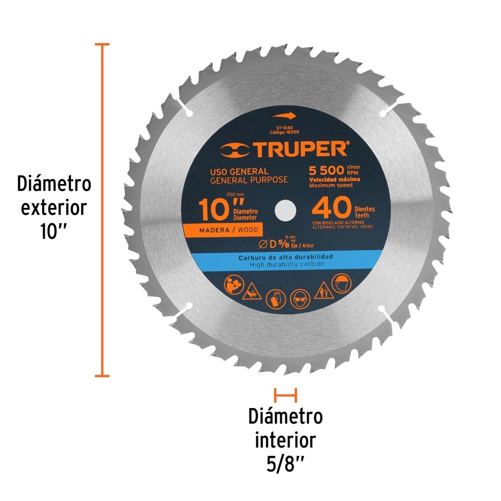 Disco sierra 10' para madera, 40 dientes centro 5/8', Truper