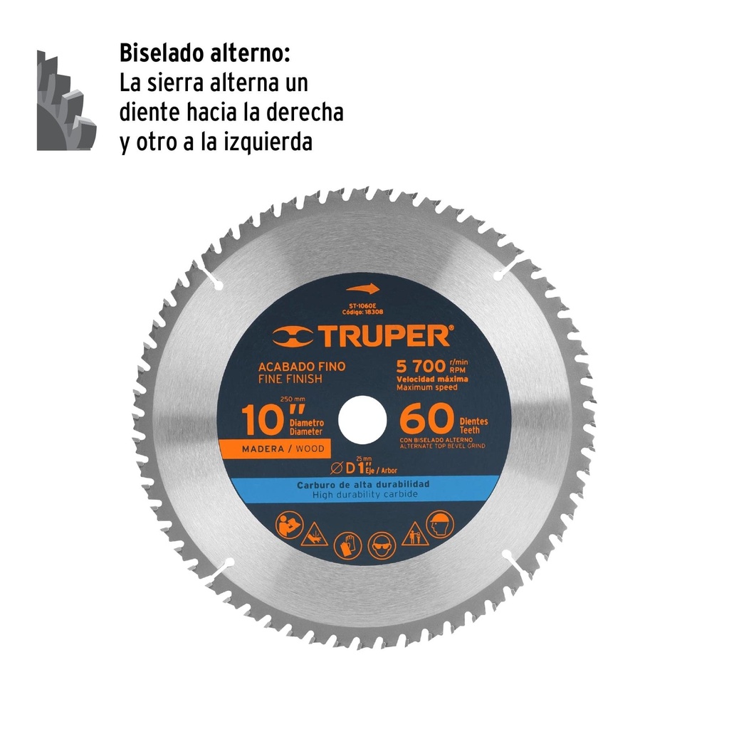 Disco sierra 10' para madera, 60 dientes centro 1', Truper