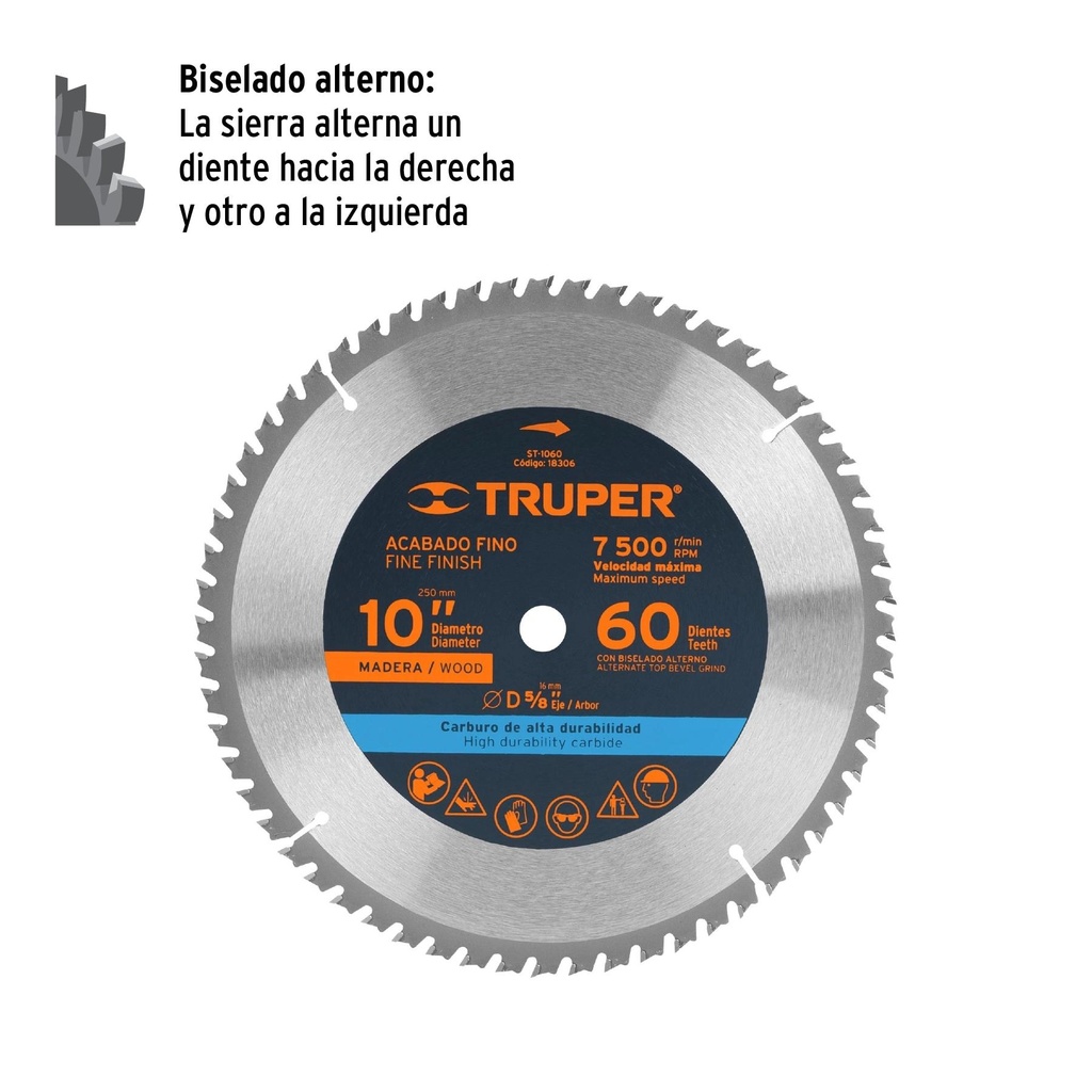 Disco sierra 10' para madera, 60 dientes centro 5/8', Truper