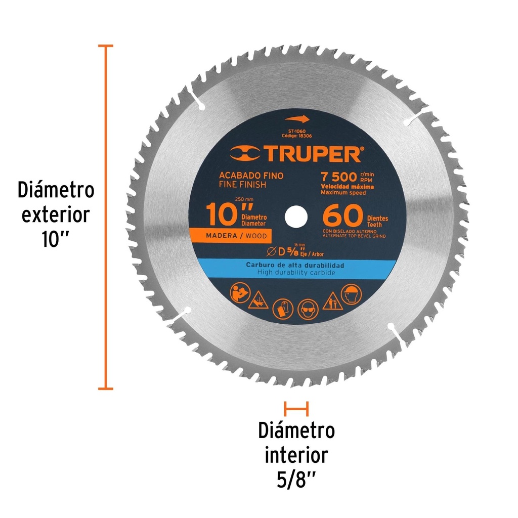 Disco sierra 10' para madera, 60 dientes centro 5/8', Truper