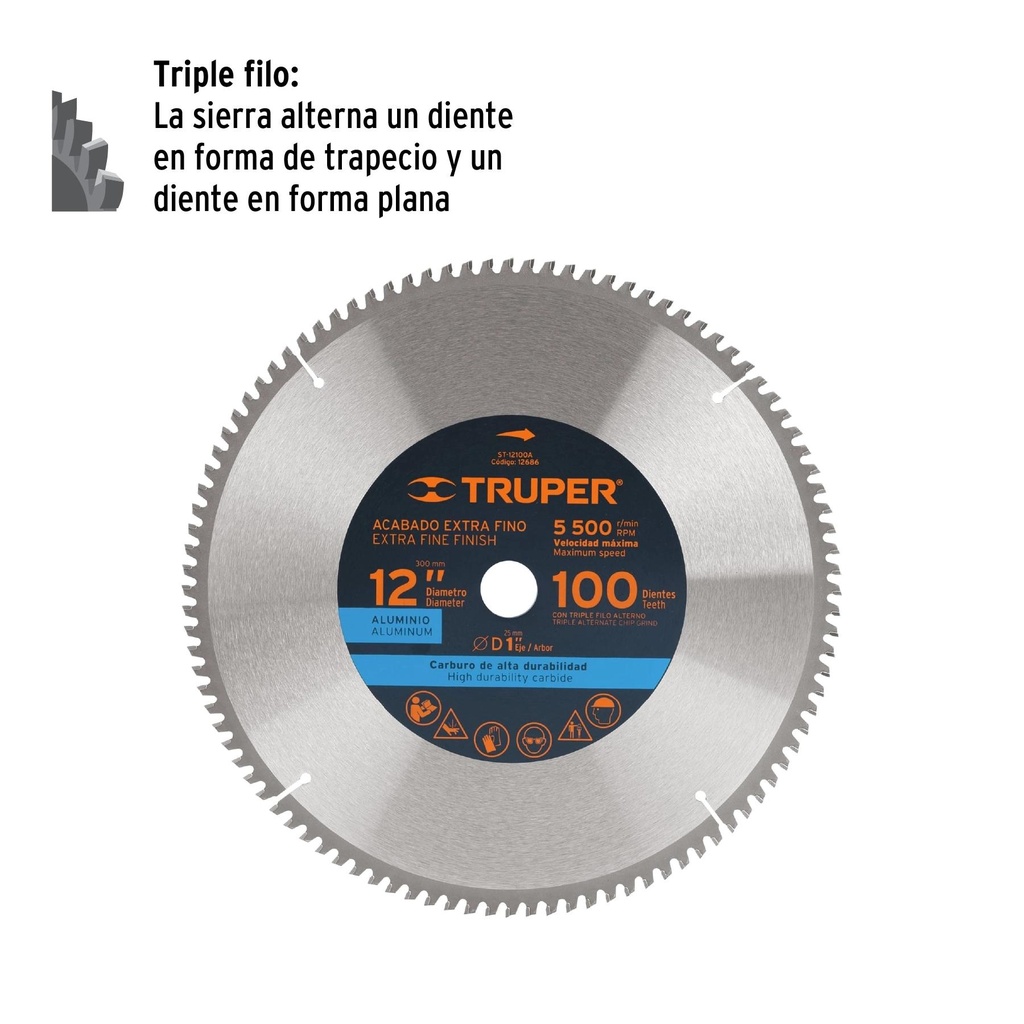 Disco sierra 12' para aluminio, 100 dientes centro 1'