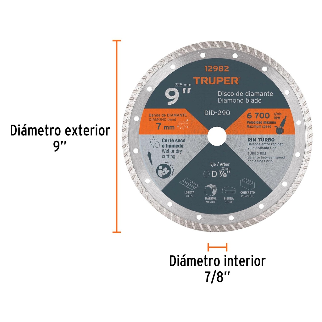 Disco de diamante de 9' x 3 mm rin turbo, Truper