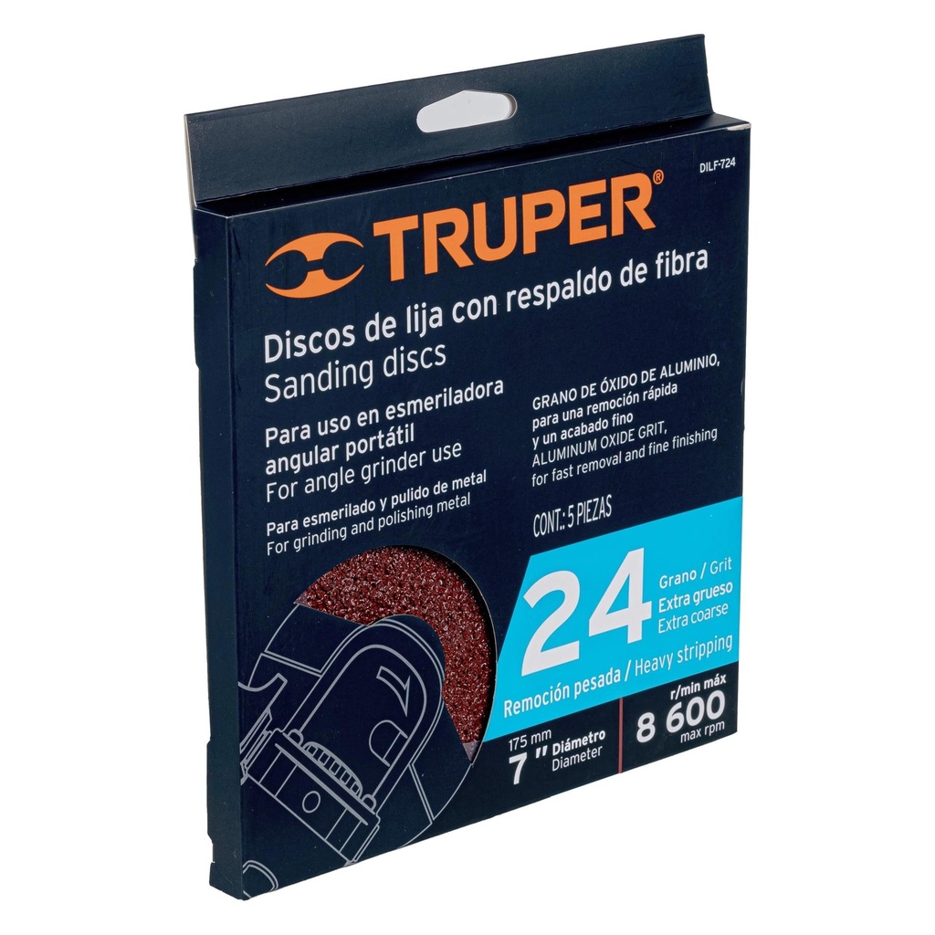 Disco de lija de 7' con respaldo de fibra, grano 24, Truper