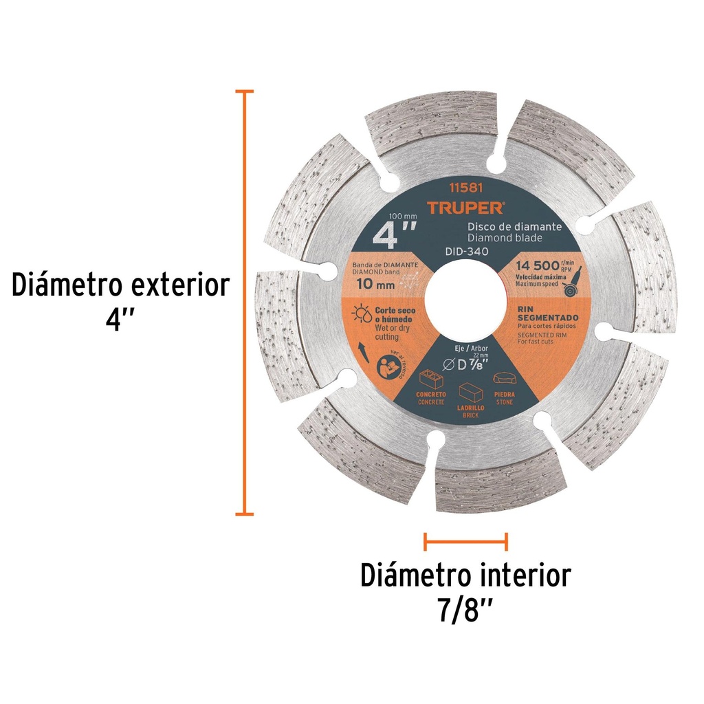 Disco de diamante de 4' x 2.1 mm rin segmentado, Truper