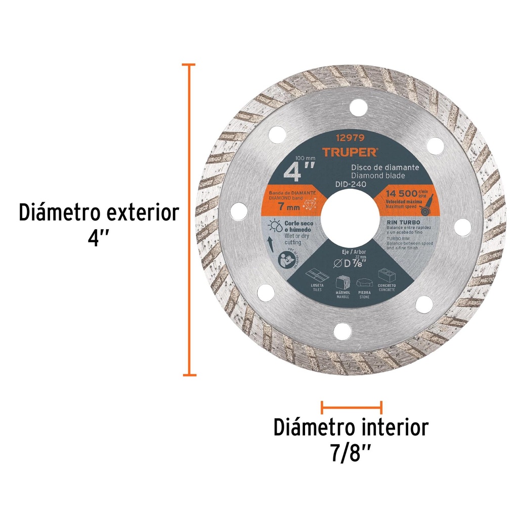 Disco de diamante de 4' x 2.2 mm rin turbo, Truper