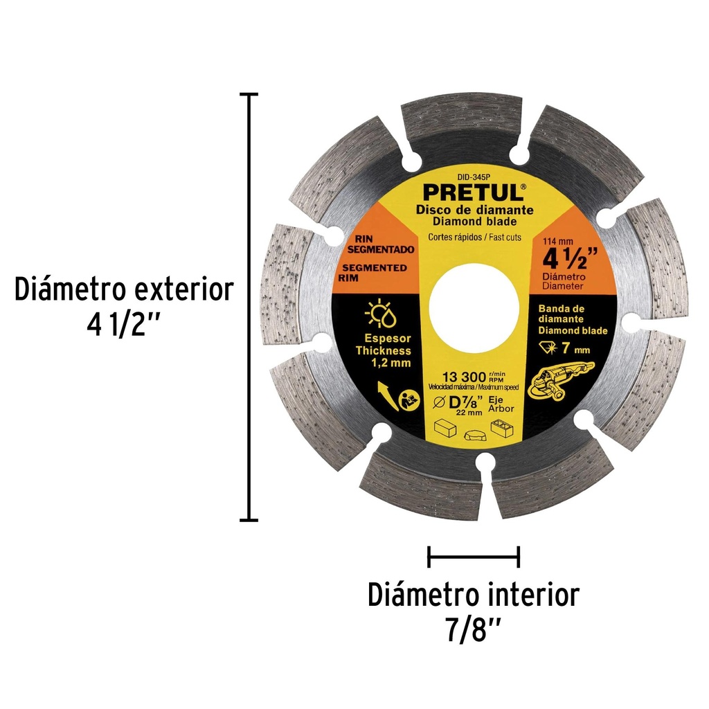 Disco de diamante de 4-1/2' x 1.2 mm rin segmentado, Pretul