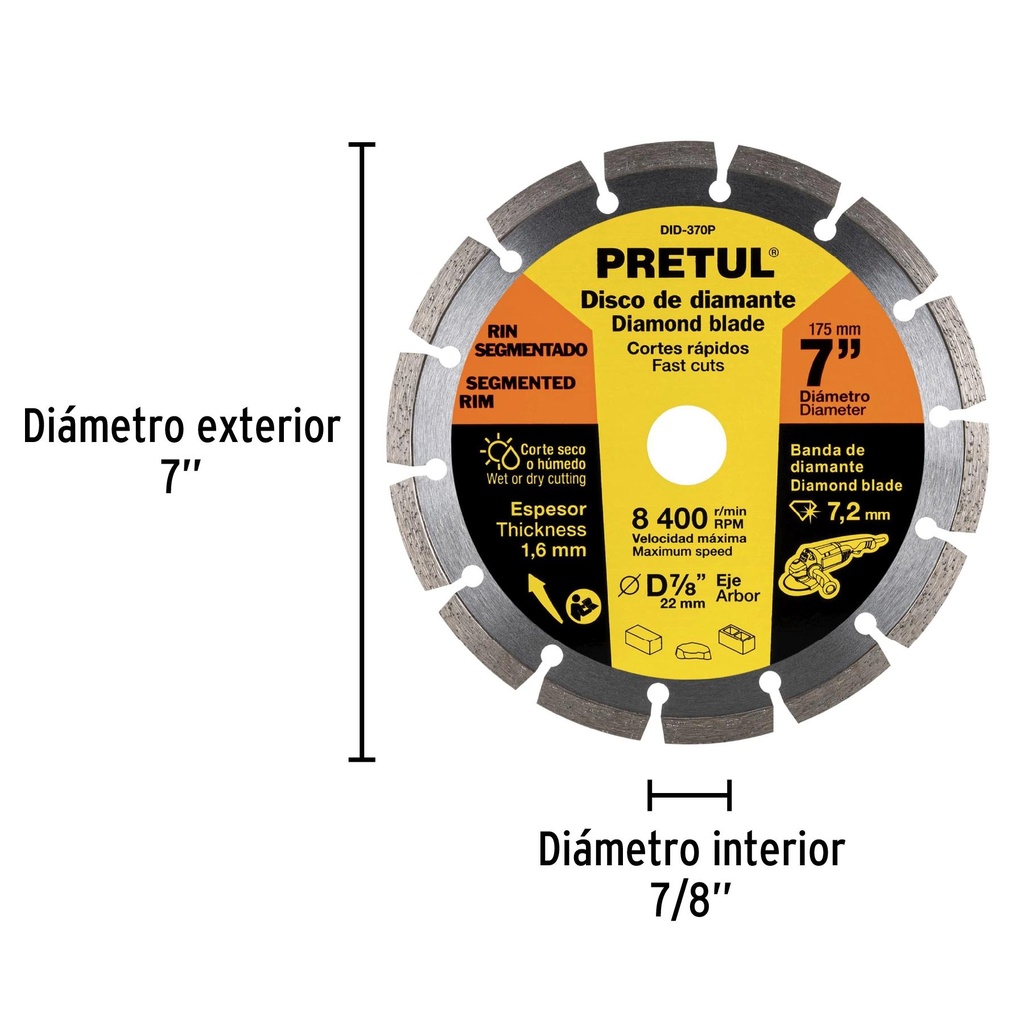 Disco de diamante de 7' x 1.6 mm rin segmentado, Pretul