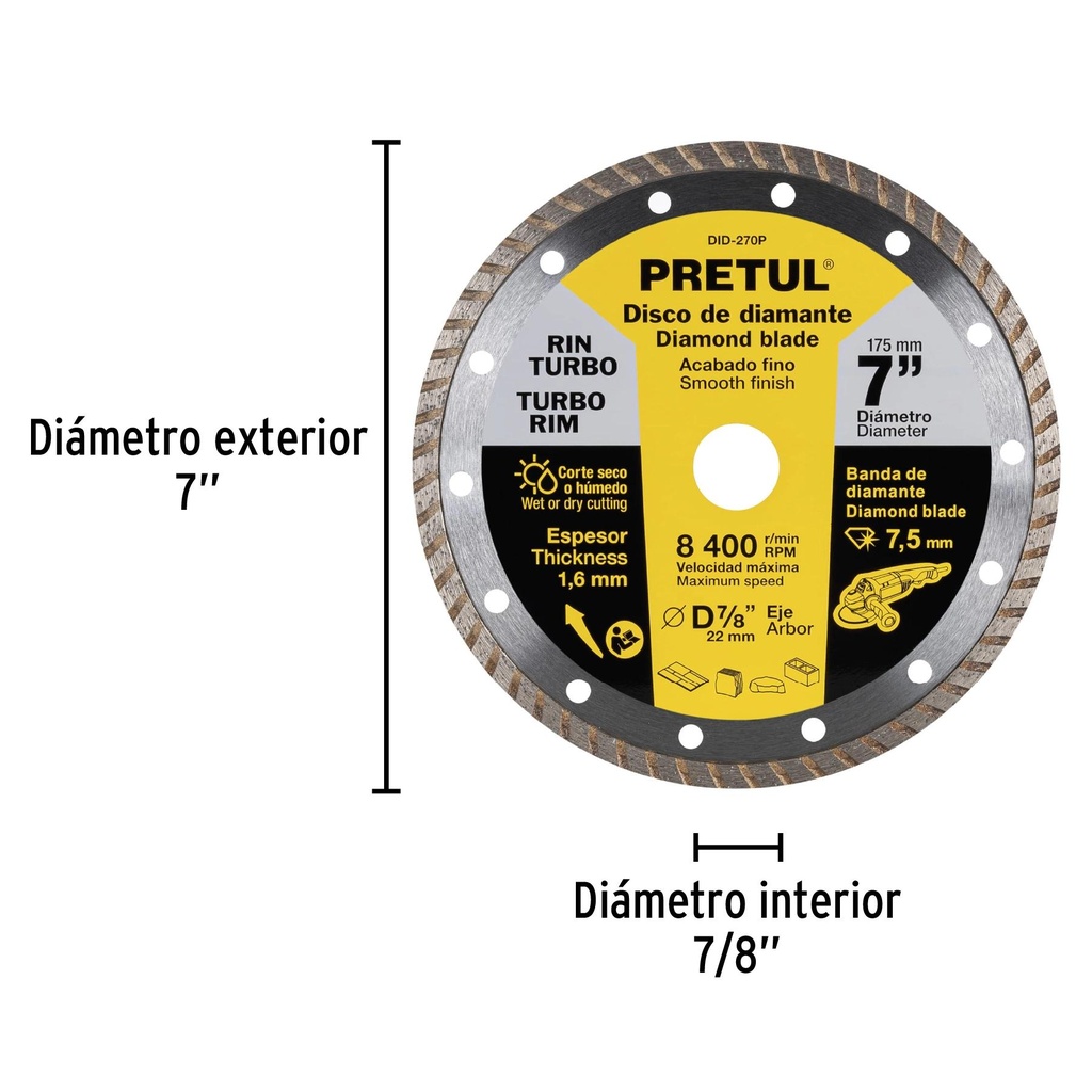 Disco de diamante de 7' x 1.6 mm rin turbo, Pretul