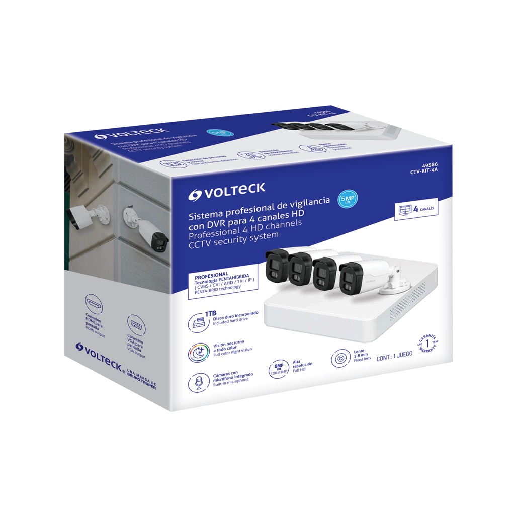 49586 - Kit video vigilancia, 4 canales, 4 cámaras, 5MP, Disco 1TB