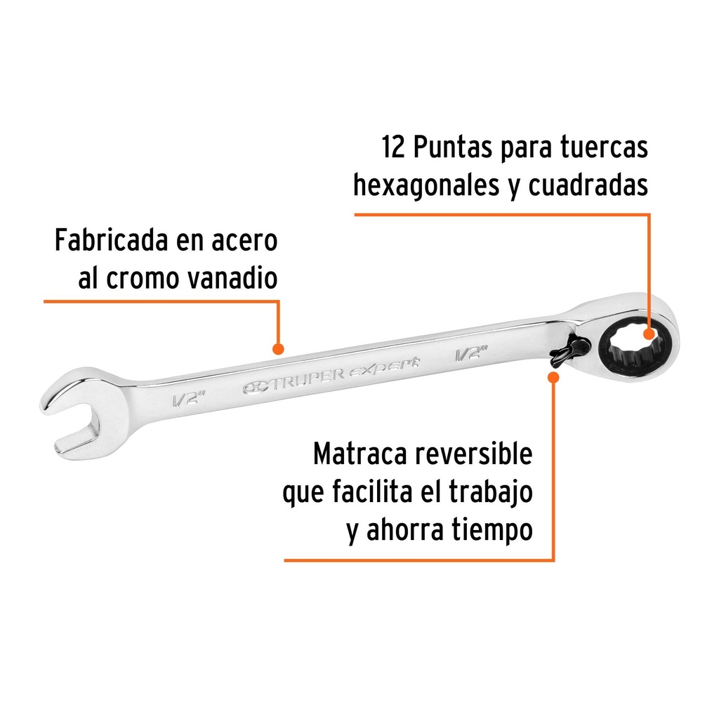 Llave combinada matraca reversible 1/2'x178 mm largo, Expert