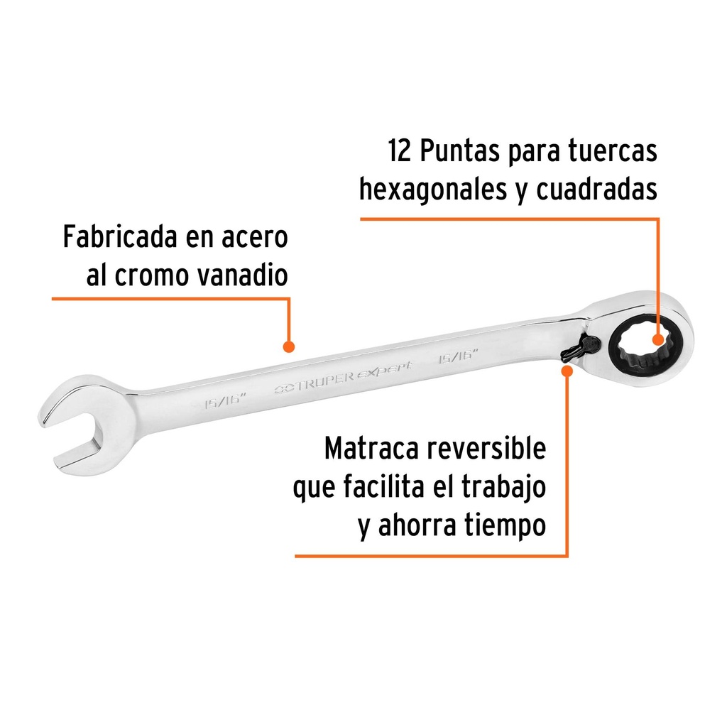 Llave combinada matraca reversible 15/16'x332mm largo,Expert