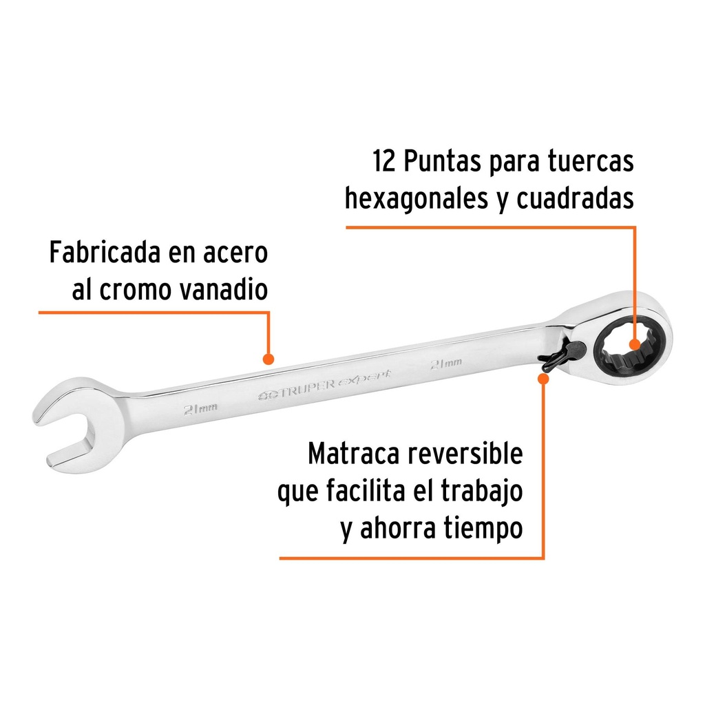 Llave combinada matraca reversible 21mmx288 mm largo, Expert