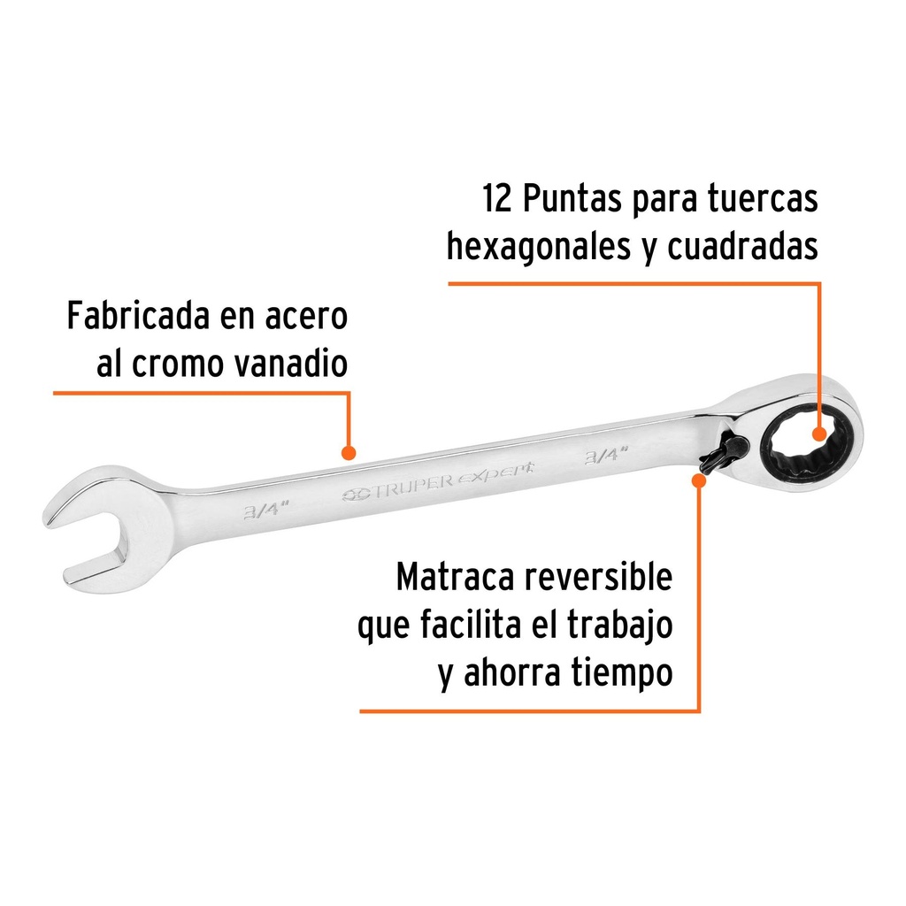 Llave combinada matraca reversible 3/4'x242 mm largo, Expert