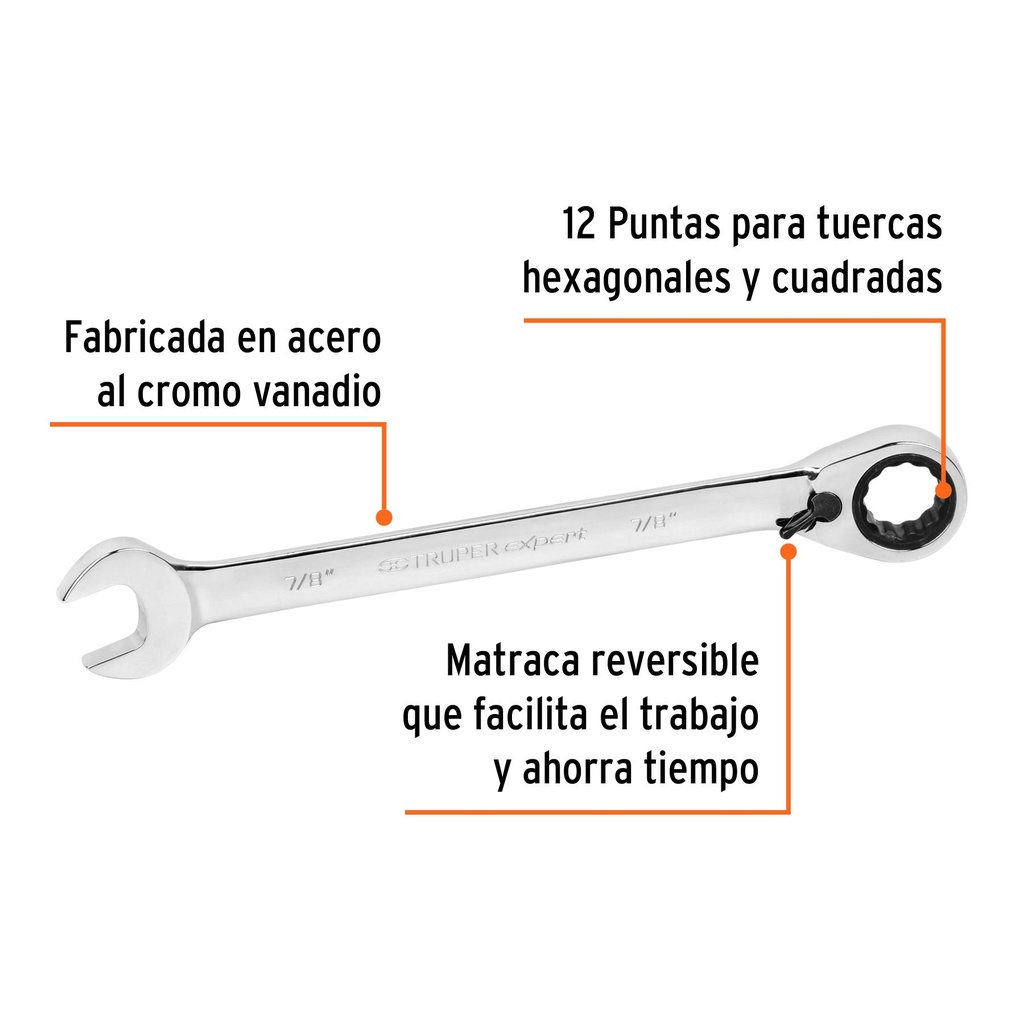 Llave combinada matraca reversible 7/8'x288 mm largo, Expert