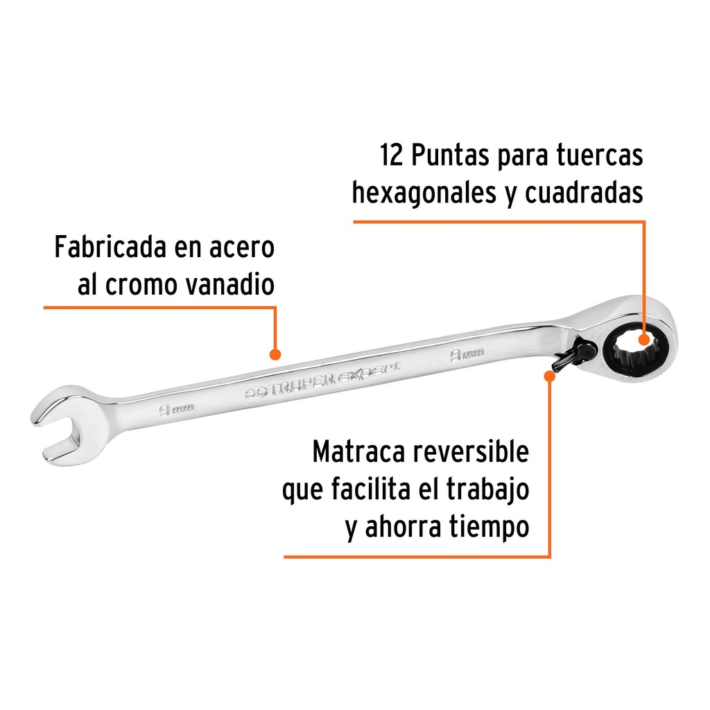 Llave combinada matraca reversible 9 mmx148 mm largo, Expert