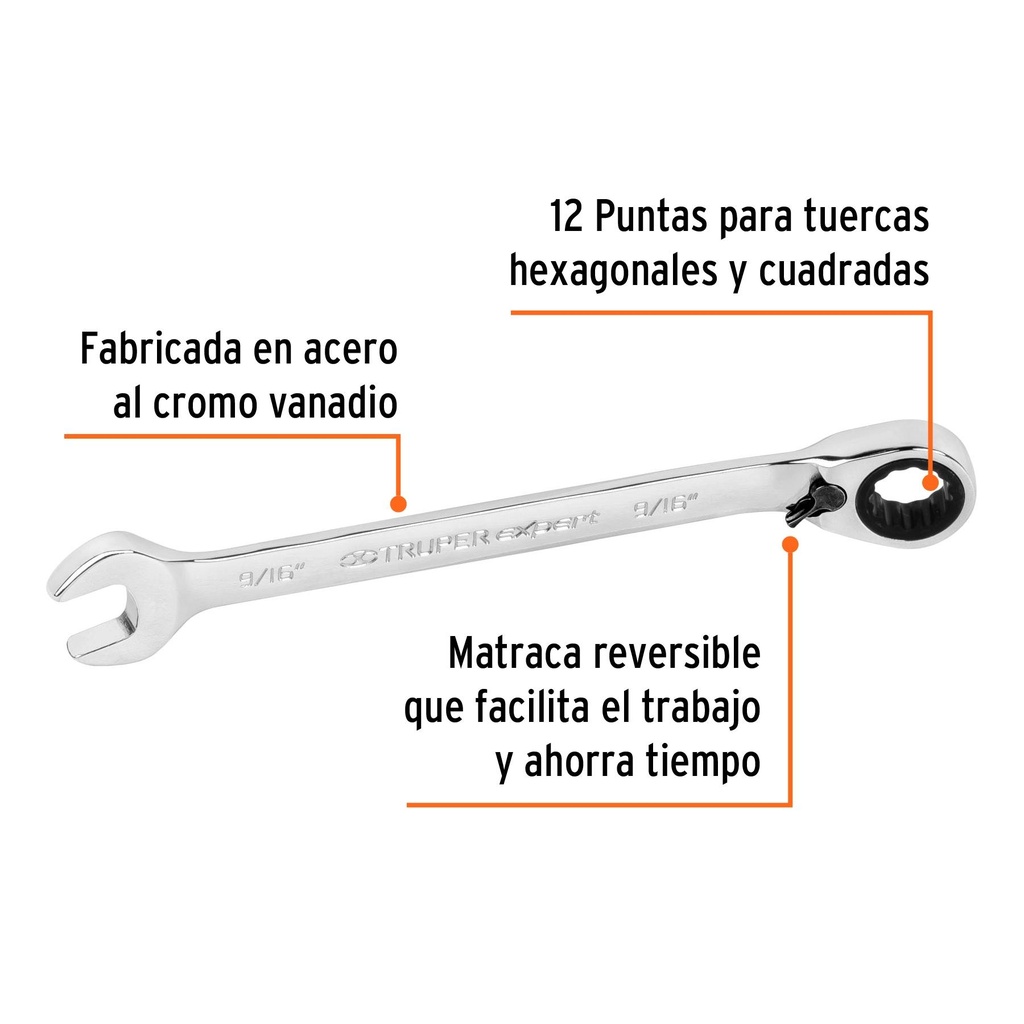 Llave combinada matraca reversible 9/16'x188 mm largo,Expert