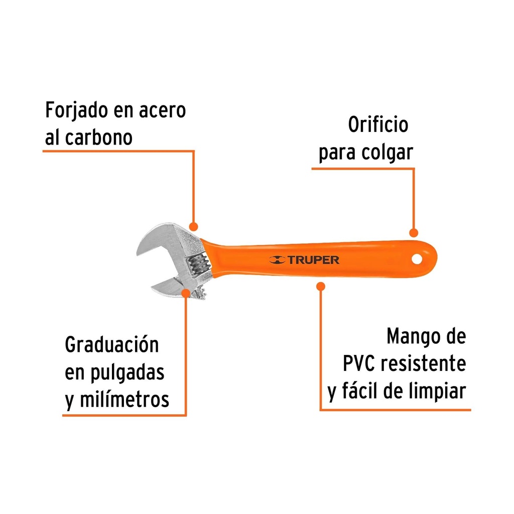 Llave ajustable (perico) 10' cromada mango de PVC, Truper