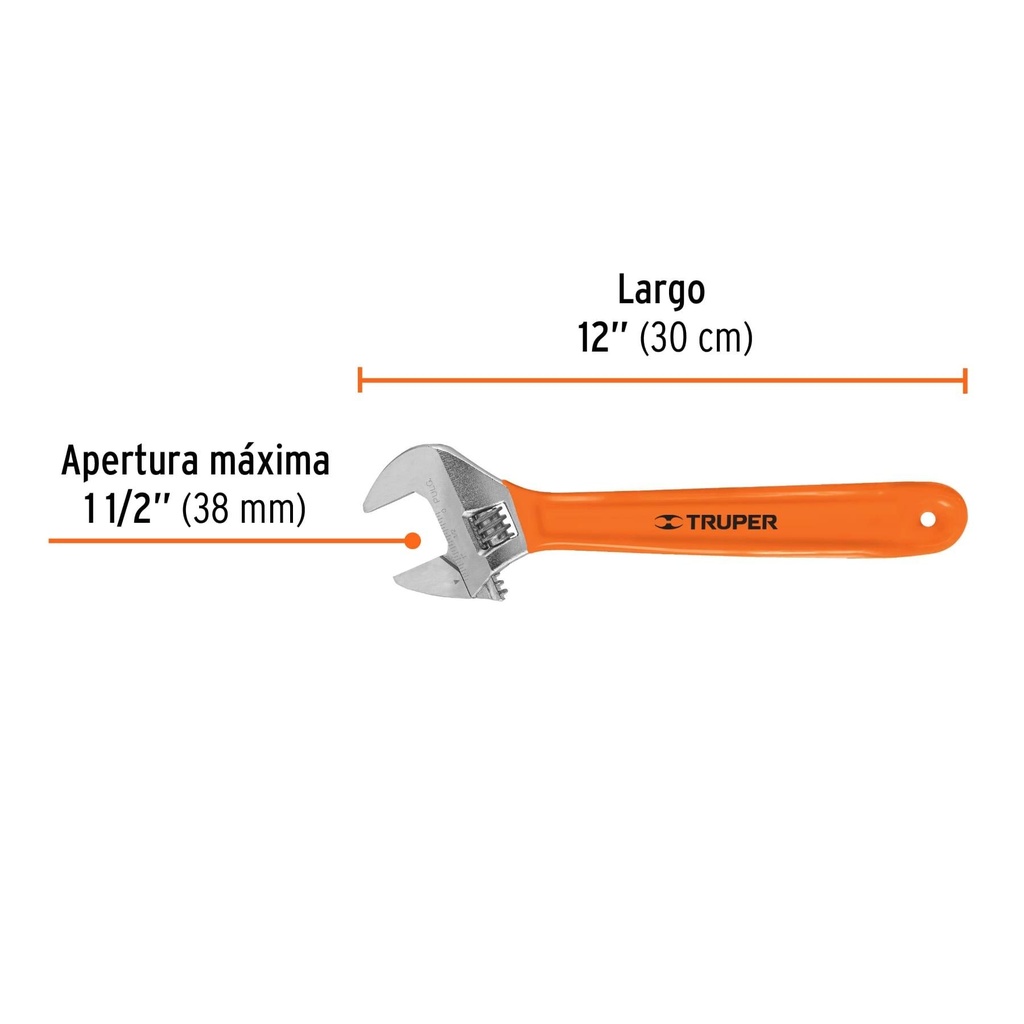 Llave ajustable (perico) 12' cromada mango de PVC, Truper