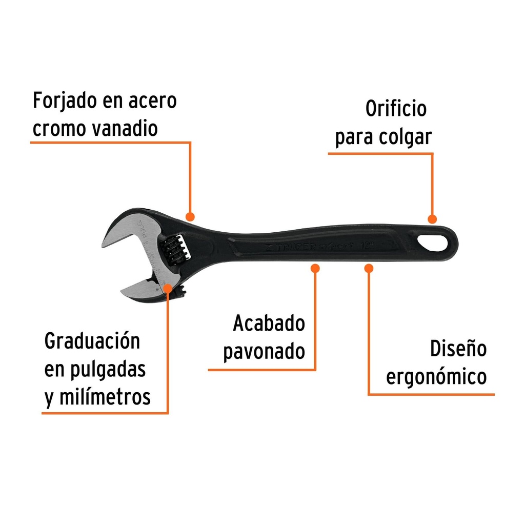 Llave ajustable (perico) 12' profesional pavonada, Expert