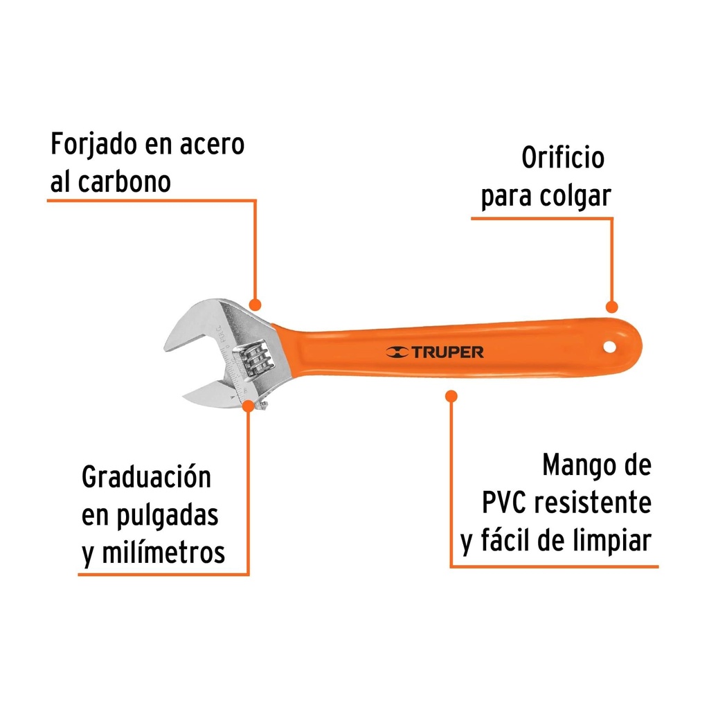 Llave ajustable (perico) 15' cromada mango de PVC, Truper