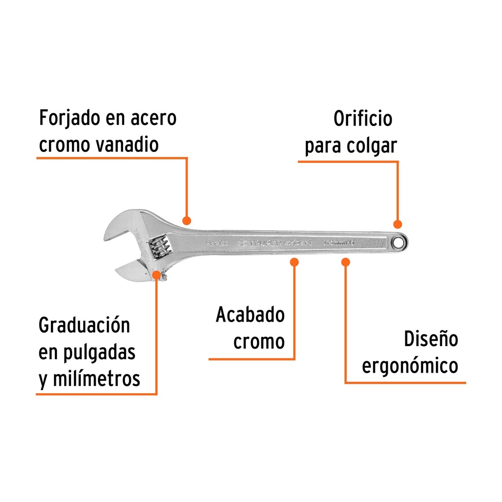 Llave ajustable (perico) 15' profesional cromada, Expert