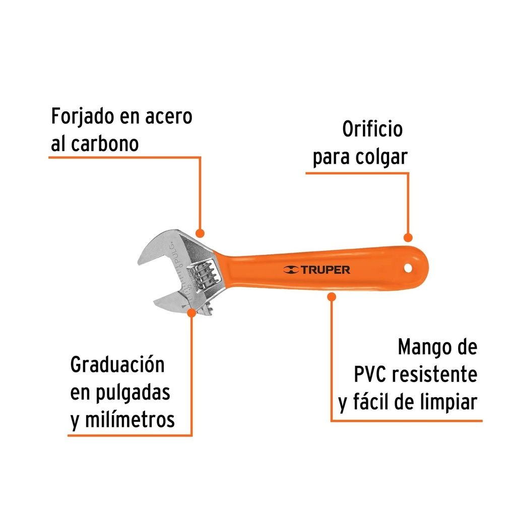 Llave ajustable (perico) 6' cromada mango de PVC, Truper