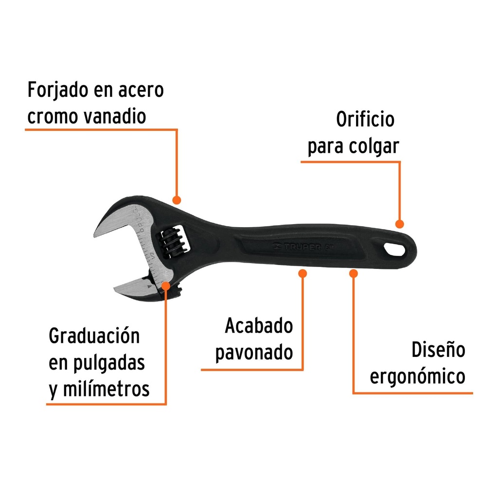 Llave ajustable (perico) 6' profesional pavonada, Expert