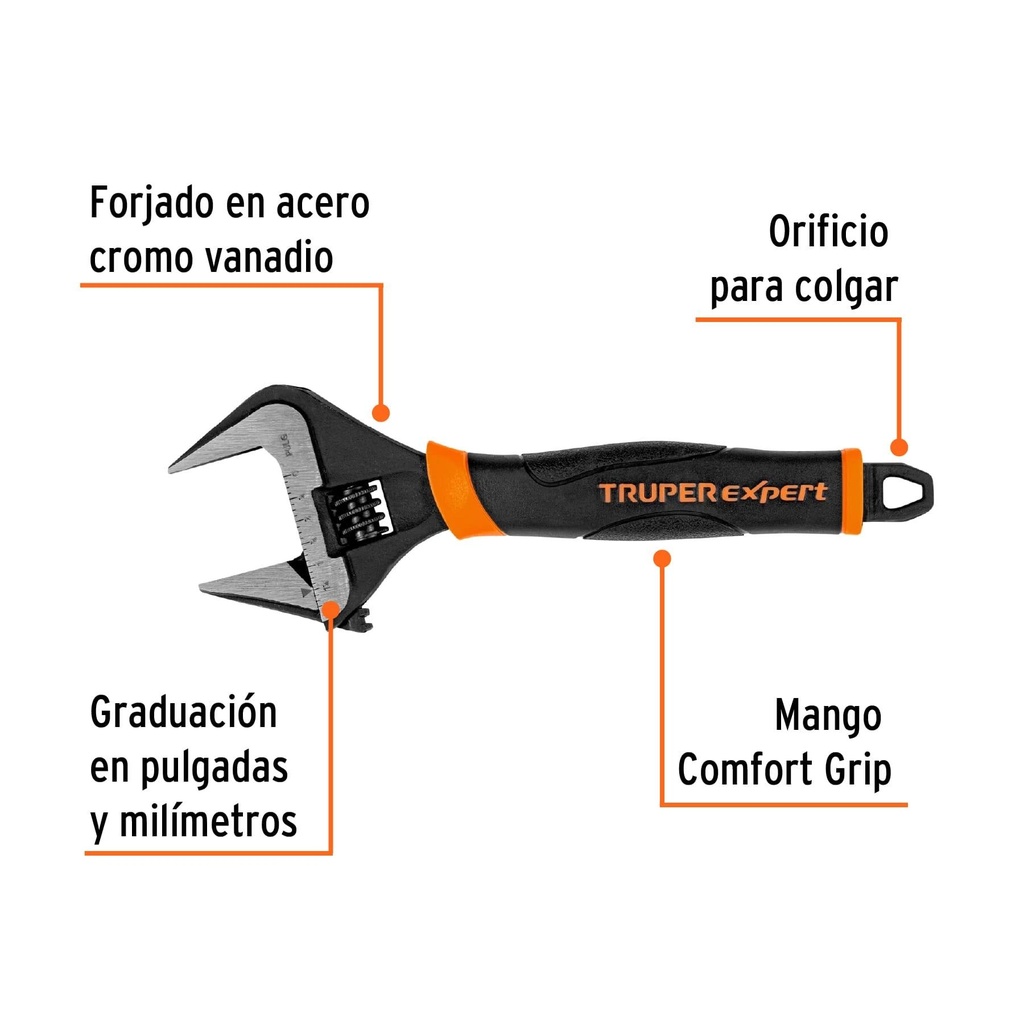 Llave ajustable (perico) 8' boca ancha Comfort Grip, Expert