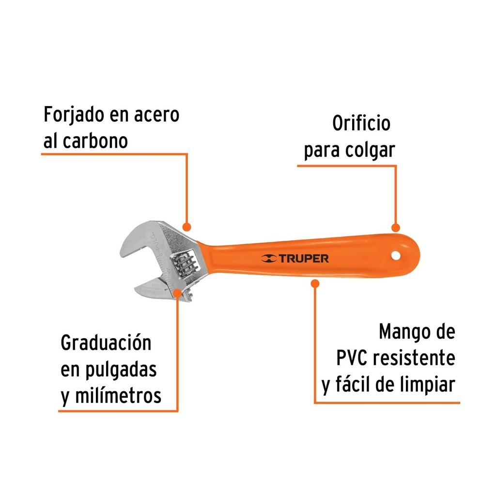 Llave ajustable (perico) 8' cromada mango de PVC, Truper