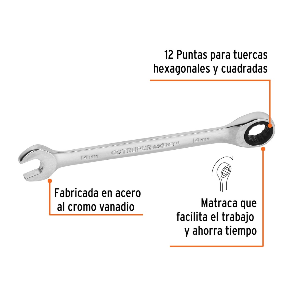 Llave combinada con matraca 14 mm x 186 mm largo, Expert