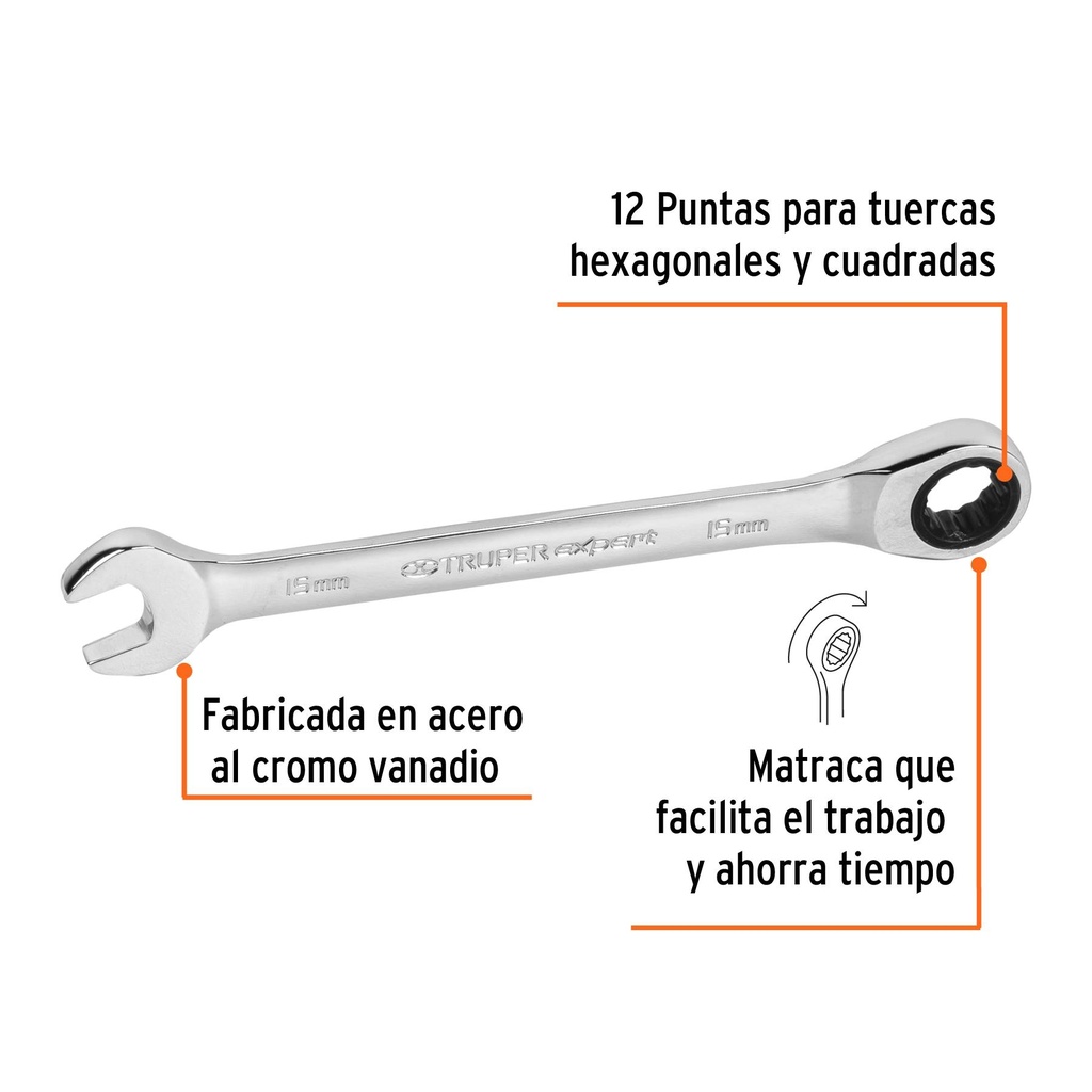 Llave combinada con matraca 15 mm x 194 mm largo, Expert