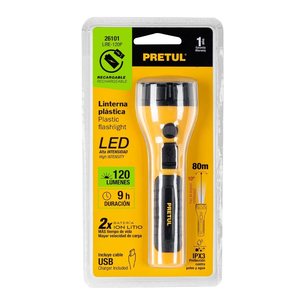 Linterna plástica recargable de LED, 120 lúmenes, Pretul