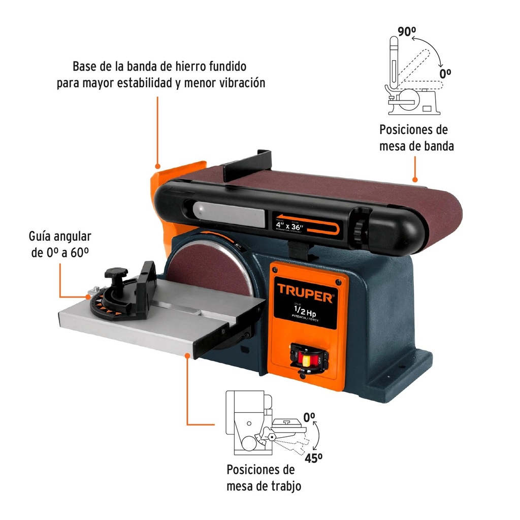 Lijadora de banda y disco 4 x 6' de 375 W (1/2 HP), Truper