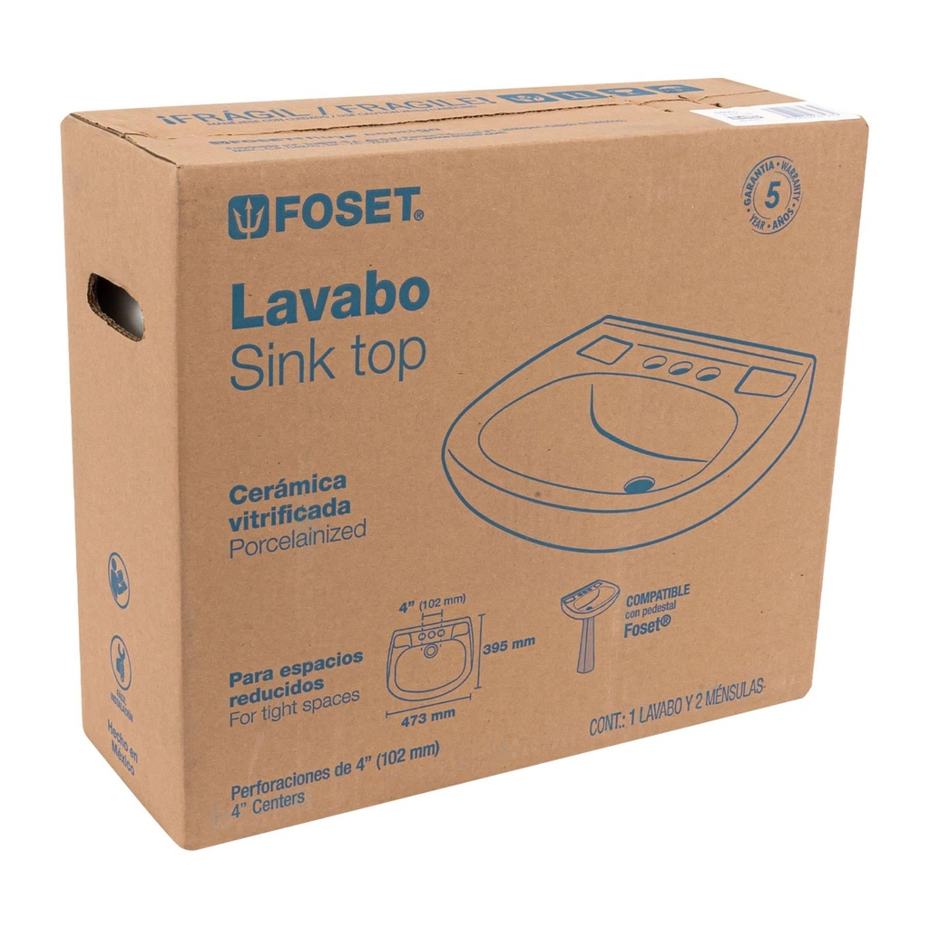 Lavabo cerámico con rebosadero, blanco, Foset