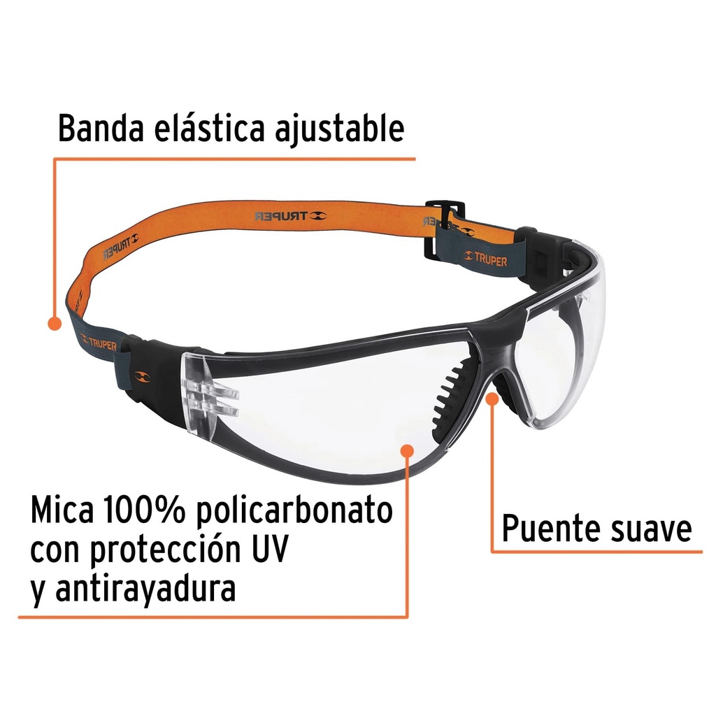 Lentes de seguridad, transparente con banda elástica, Active