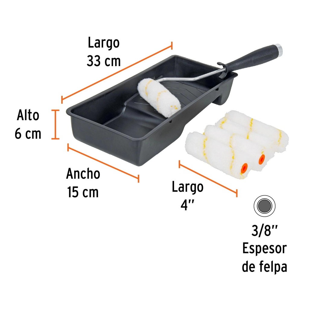 Kit de rodillo para pintar, 4' (maneral, charola y felpa)