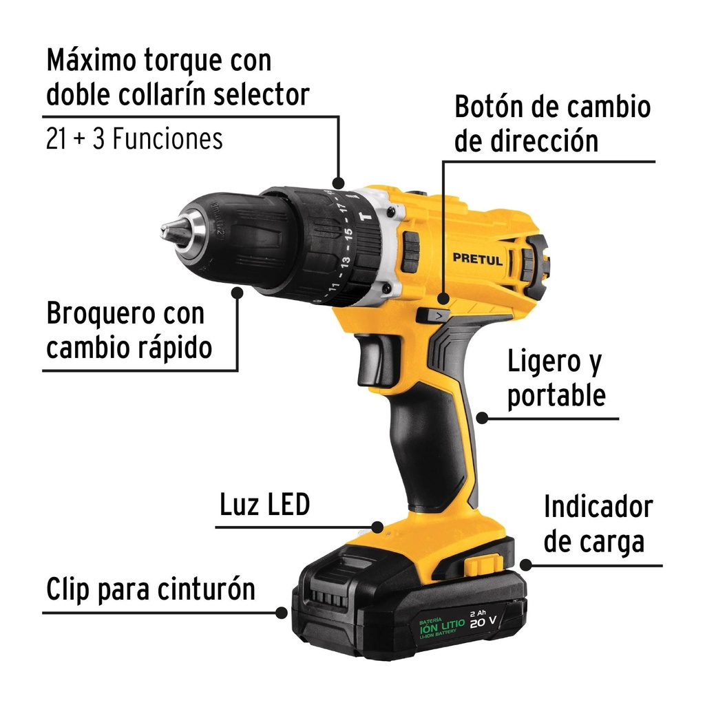 Kit rotomartillo inalámbrico 1/2' 20V y 32 accesorios Pretul