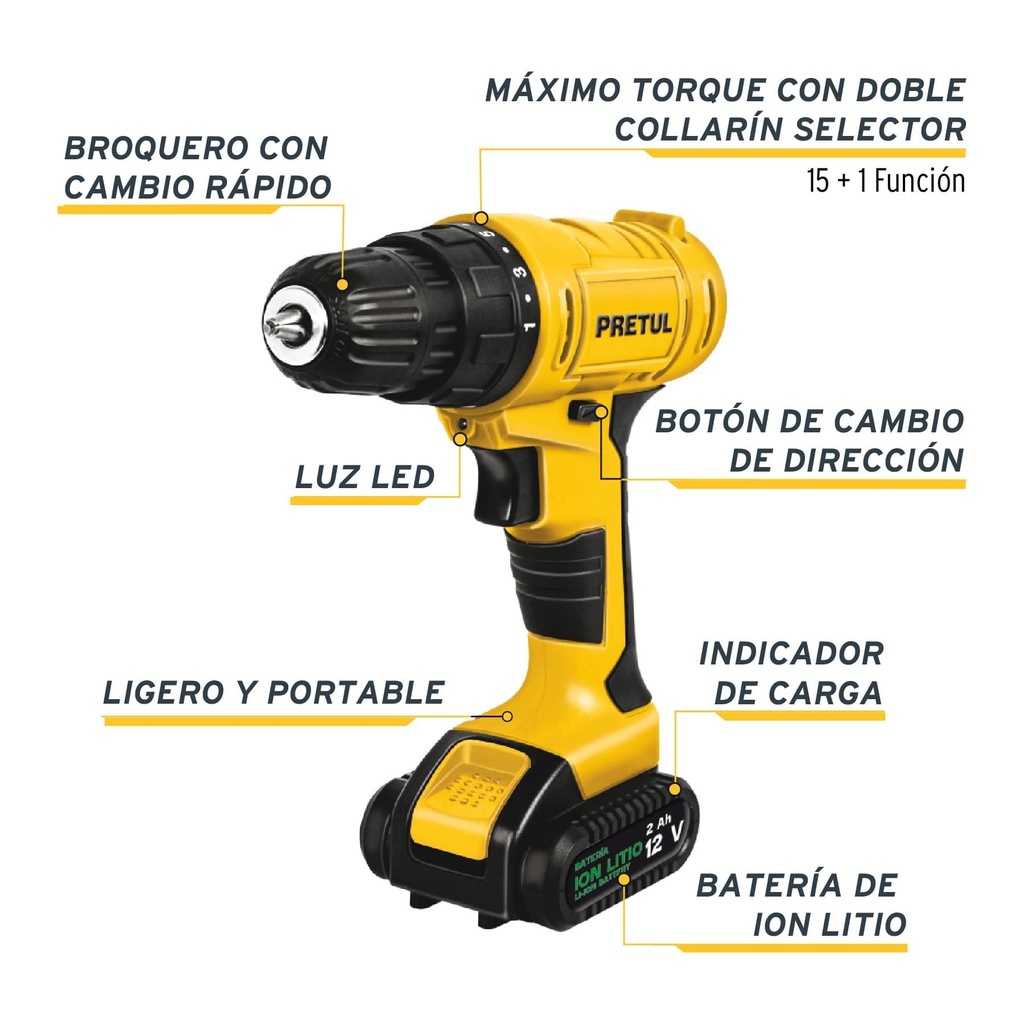 Kit taladro inalámbrico 3/8', 12 V, y accesorios en maleta