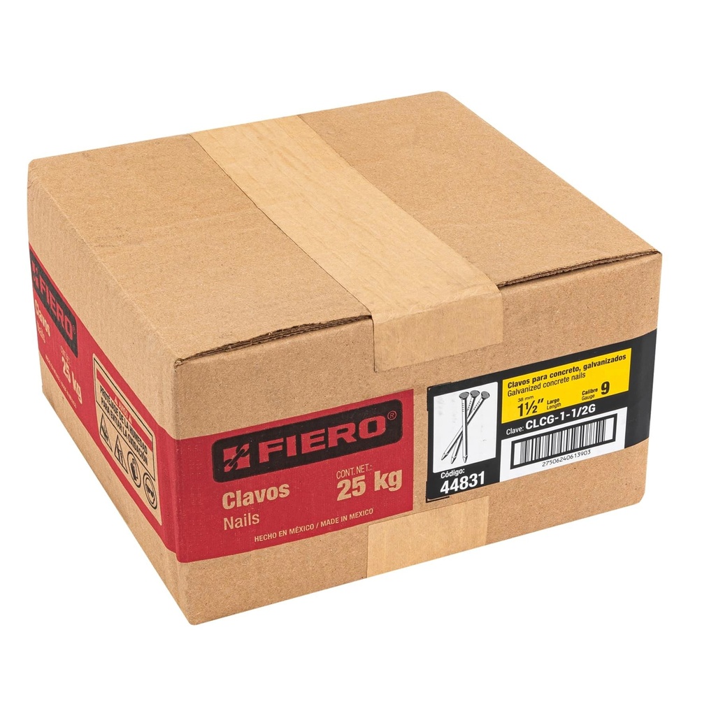 Kilo de clavo para concreto 1-1/2' galvanizado, caja 25 kg