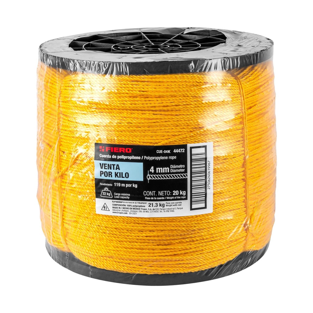 Kilo de cuerda amarilla de polipropileno 4 mm, rollo 20 kg