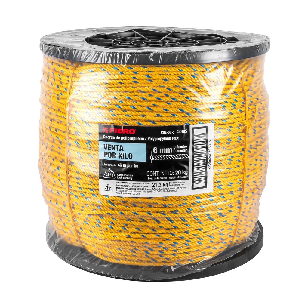 Kilo de cuerda amarilla de polipropileno 6 mm, rollo 20 kg