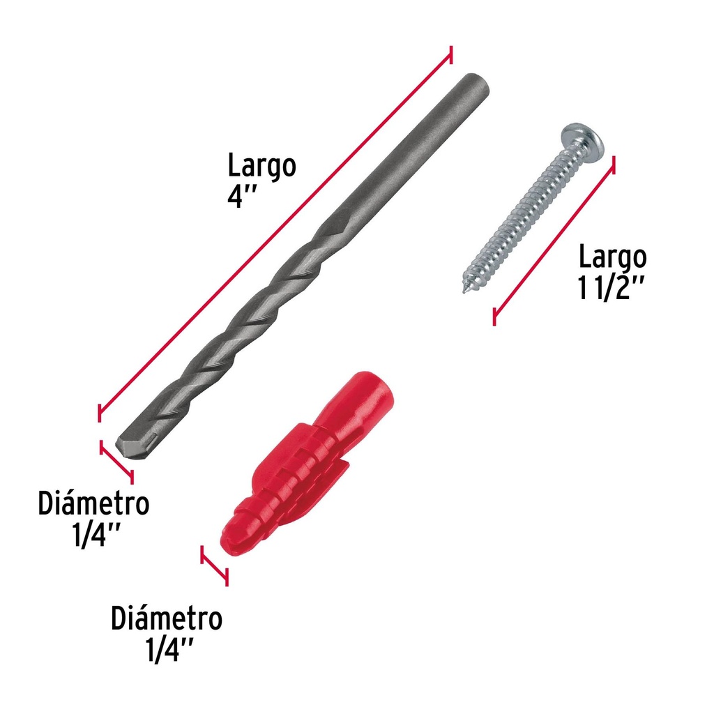 Kit de 20 taquetes 1/4' con pijas #8 y 1 broca 1/4', Fiero