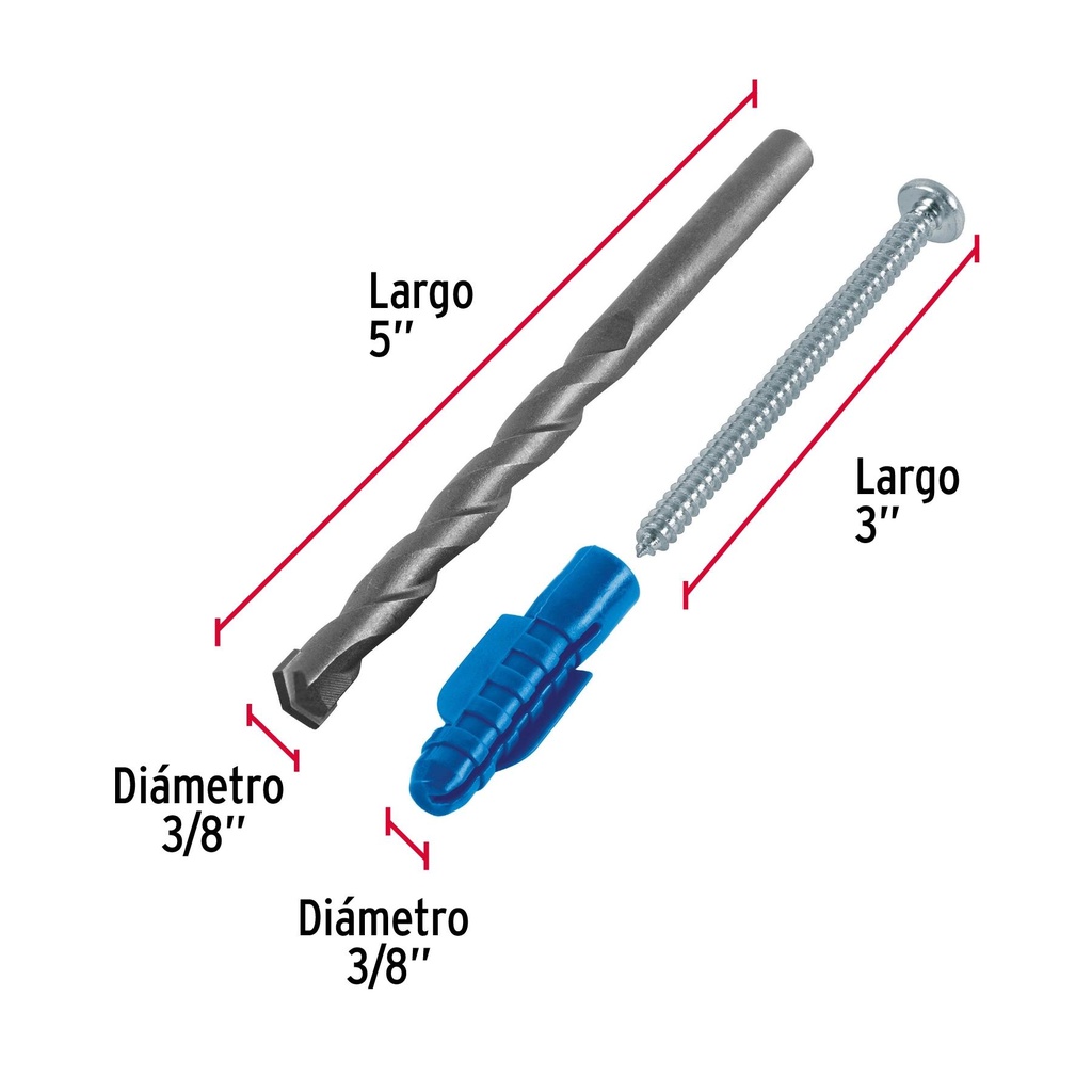 Kit de 20 taquetes 3/8' con pijas #12 y 1 broca 3/8', Fiero